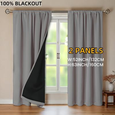 TEMU 2panels, 100% Blackout Plain Color Minimalist Rod Pocket Curtains With Coated Lining, Suitable For Living Room, Office, Bedroom Decoration, Christmas Decoration, Modern Romantic Decoration. Image