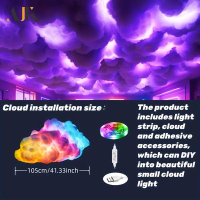 TEMU 3d Cloud Light Kit - Vibrant, Color-changing Led Light, Usb Powered, Music Sync For Bedroom & Gaming Room Ambiance (small), Ajk, Bedroom Decoration | Futuristic Room Decor | Usb Powered Light Image