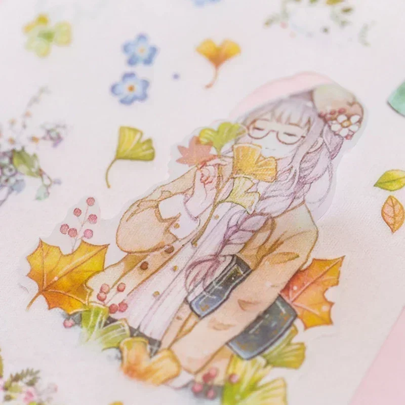 6-teiliges Tagebuchalbum, dekoratives Etikett, Landschaftsstil, Blumenfee, Mädchen, DIY-Papier, Aufkleber, Handkonto, Aquarell Image