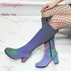 Luminou Sexy Kostüme 60er 70er Retro GO GO Kniehohe Stiefel 7CM Blockabsätze Karree Cosplay Damen Große Größe Schuhe Frauen EU36-46