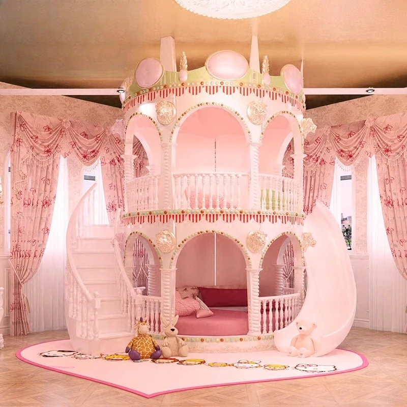 Europäisches rosa Mädchen-Traumschloss, hohes und niedriges Doppel-Prinzessinnenbett, Kinderbett mit Rutsche