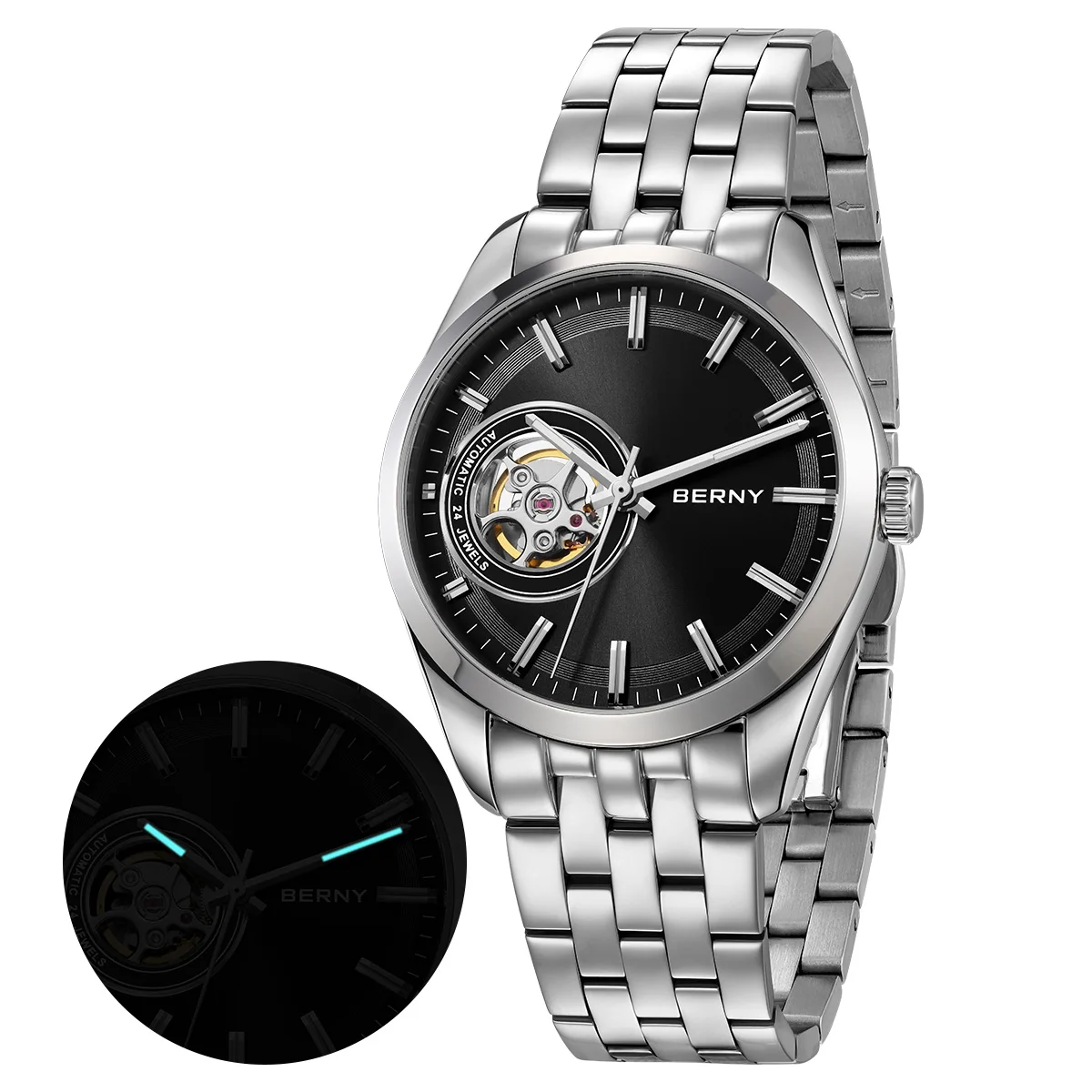 BERNY Luxus-Automatikuhren für Herren, elegantes Skelettkleid, mechanische Uhr, Saphir-Leuchtzeiger, 5 ATM, Business-Armbanduhr Image