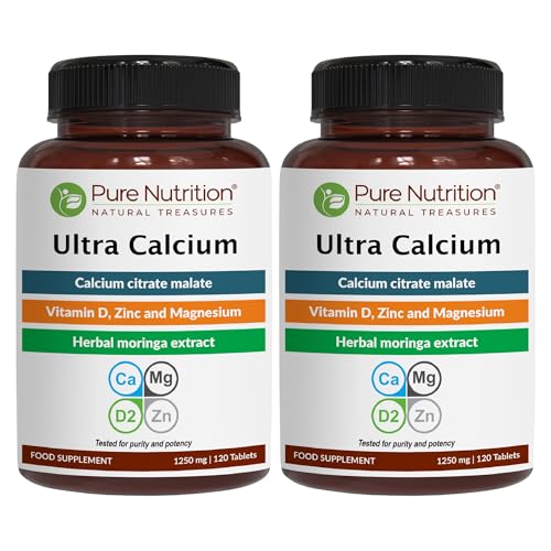 Pure Nutrition Ultra Calcium 1000mg with VIT D3 + K2 | 240 Tabs (120 X Pack of 2) | Highly absorbable Supplement with Calcium Citrate Malate, VIT D3, K2, Moringa Oleifera, Magnesium and Zinc.