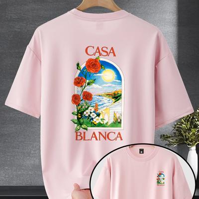 TEMU Men's Trendy Loose Fit Round Neck T-shirt - Vibrant Sunset Print, Casual Short Sleeve, Gift, Black With Colorful Cityscape Design, Everyday Tshirt | Vibrant Print Tee | , Shirts For Summer Image