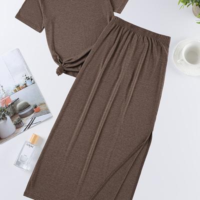 TEMU Colorful Rayon Round Neck Short Sleeve T-shirt + Midi Skirt Set A49+a60 Image