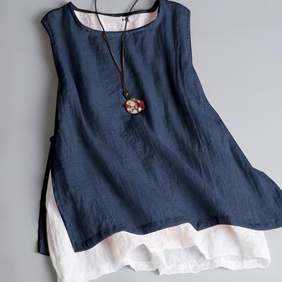TEMU Vintage-inspired Double Layered Button-up Tank Top For Women - Sleeveless, Round Neck, Design With Hem, Spring/summer/fall, Versatile Layering Piece | Buttonup Top | Stylish Hem Image