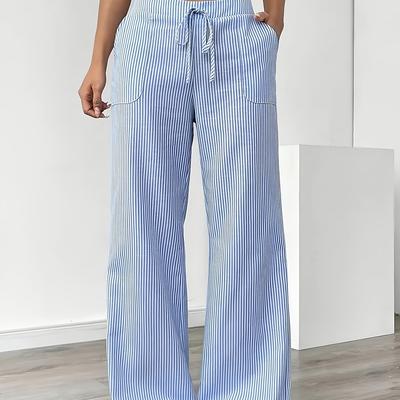 TEMU Didi Spring And Summer Pocketed Wide Leg Pants Casual Striped Print Loose Drawstring Waist Craft Trousers Women's Clothing Image