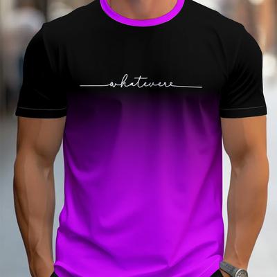 TEMU Men's Short Sleeve T-shirt With 3d & Gradient Color - Black To Purple Ombre, Regular Fit Round Neck Casual Tee For Wear, Machine Washable, Modern Menswear | Quality Casualwear Image