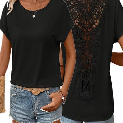 TEMU Women's Casual V-neck T-shirt With Intricate Lace Detailing On Back - Short Sleeve, Breathable Polyester Blend, White, Spring/summer, Ladies T Shirts Image