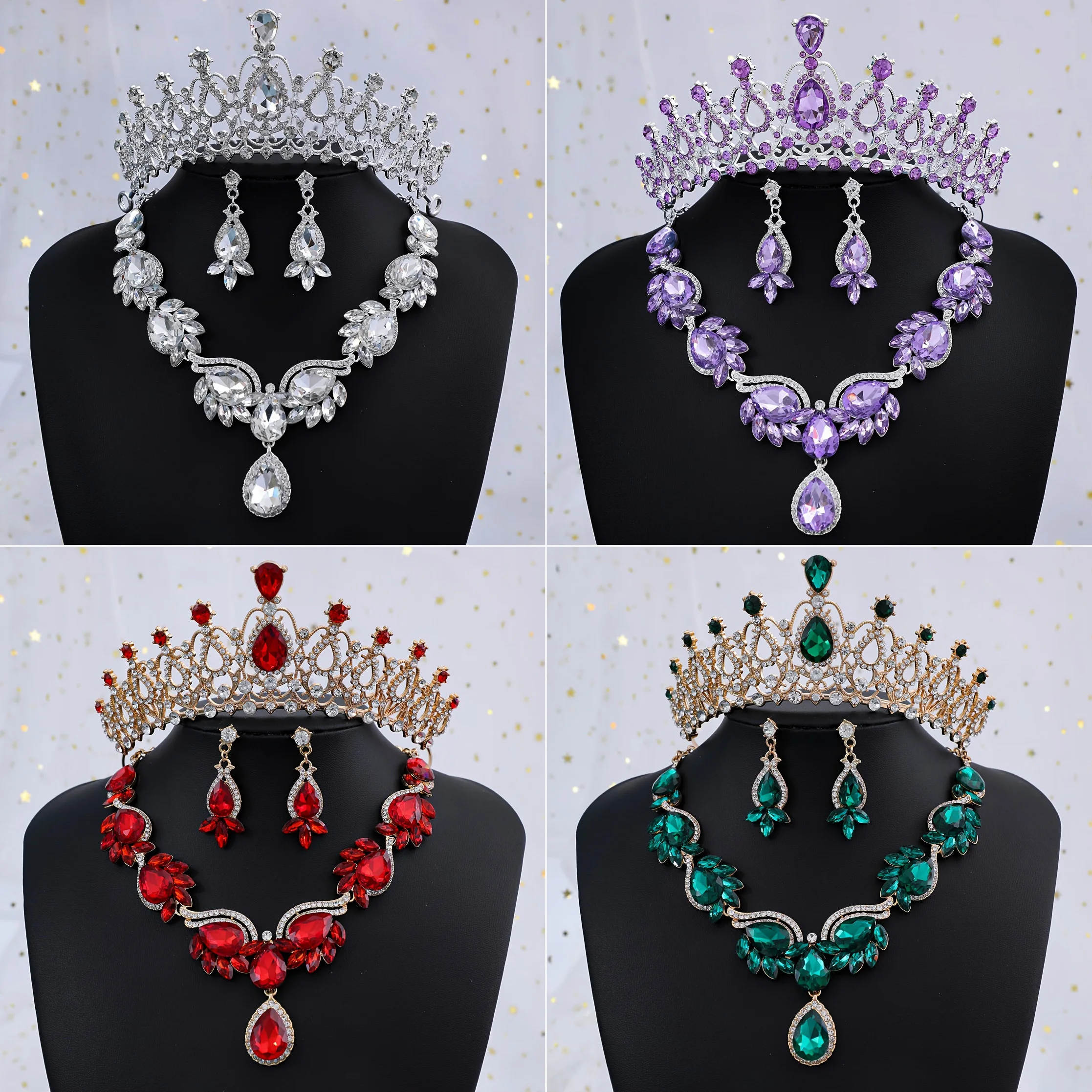 Wunderschöne Kristall-Brautschmuck-Sets, modische Tiaras, Ohrringe, Halsketten, Set für Frauen, Hochzeitskleid, Krone, Schmuckset Image