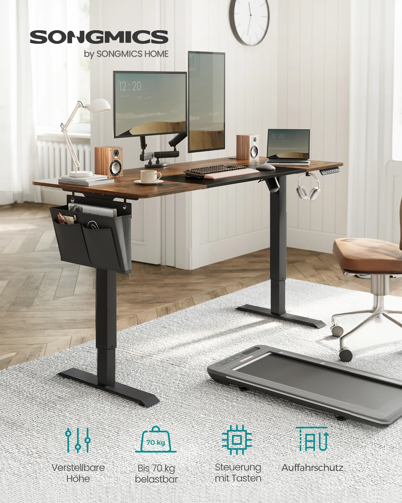 SONGMICS Höhenverstellbarer Schreibtisch elektrisch, 70 x 160 x (72-120) cm, stufenlos verstellbar, gespleißte Platte Image