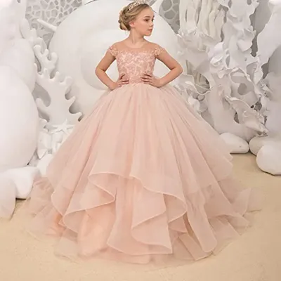 Rosa Prinzessin Kleid Puffärmel Blumenmädchenkleider für Hochzeit Robe A-Linie Erstkommunion Kleider Image