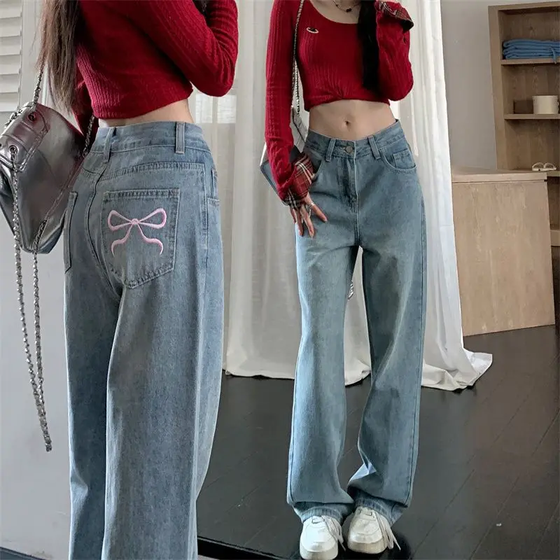 Hochwertige Jean Streetwear EU US-Größe Leder Kreuz bestickt gewaschene Passform Denim Jean Hosen für Frauen Y2K Jeans Denim Hosen