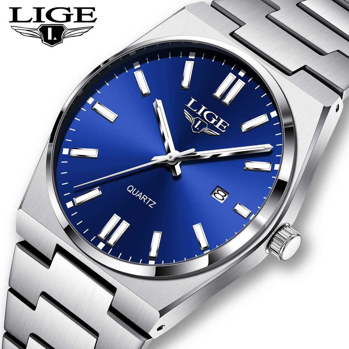 LIGE Mode Herrenuhr Outdoor Sport Business Edelstahl Herrenuhr Leuchtendes blaues Zifferblatt Kalender Quarzuhren für Herren + Box Image