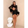 2025 Frauen Promi Sexy Langarm Feder T-shirt Geraffte Schwarze Röcke Elegante Abend Club Party Outfits