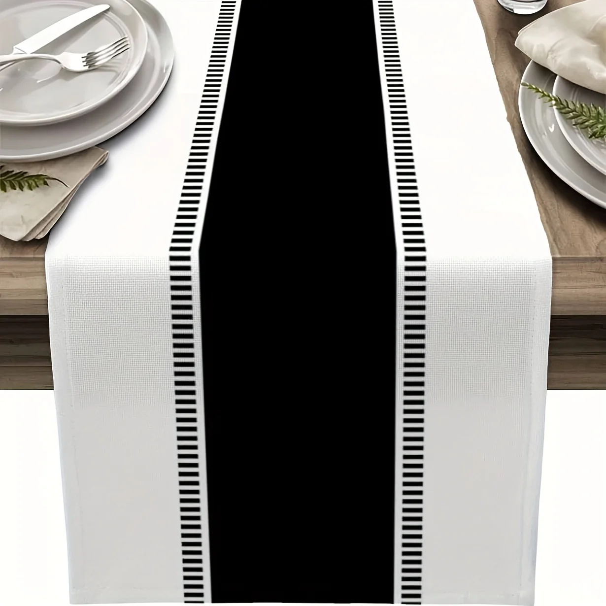 1 Stück, schwarzer Tischläufer, Bauernhaus-Streifen, Leinen-Tischläufer, wiederverwendbar, für Küche, Esstisch, Dekoration für Zuhause, Party-Dekorationen Image
