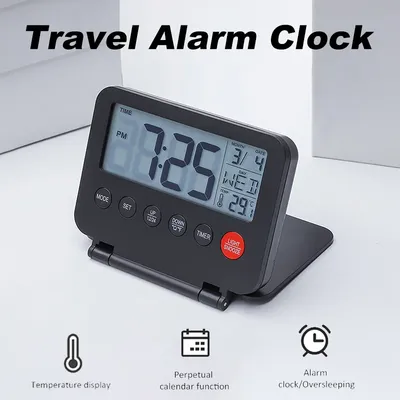 Travel Alarm Clock Ultra-thin Small Digital Clock Folding 2 PCS AAA Battery Operated Alarm with Calendar/Backlight/Temp/Snooze