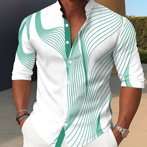 Herren Geometrisch Farbverlauf Linien / Wellen Hemd Stehkragenhemd Lässiges Hemd Langarm Business-Casual Urlaub Heim Täglich Sommer Frühling Mandarinkragen Stehkragen 3D-Druck Hemden mit Knopfleiste Image