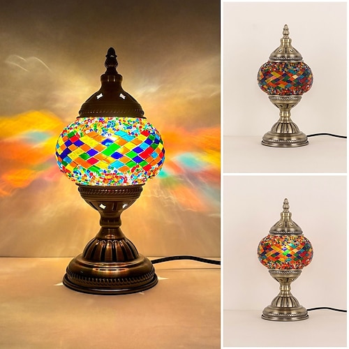 türkisches Mosaiklampen-Set, dekorativer Glastisch, Nachttischlicht für Wohnzimmer und Schlafzimmer, basteln Sie Ihre eigene Lampe, antiker Bronzesockel Image