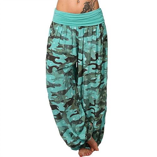 Damen Hosen Hose Palazzo-Hose Mode Boho Volle Länge Mittlere Taille Druck Tarnung Elastischer Bund Bequem Mikroelastisch Straße Alltagskleidung Ausgehen Weiß Gelb Rot Marineblau Sommer Normale Image
