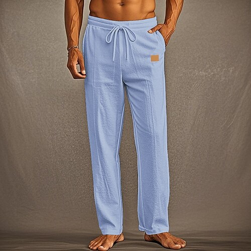 Herren Leinenhosen Hose Sommerhose Strandhose Tasche Kordelzug Elastischer Bund Einfach Komfort Atmungsaktiv Urlaub Täglich Ferien Hawaiianisch Boho Schwarz Weiß Image