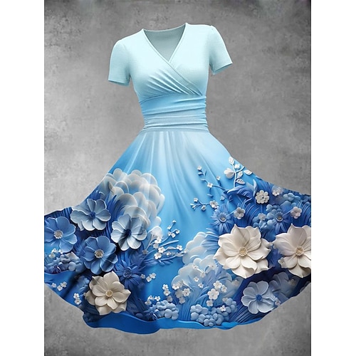 Damen Midikleid Shiftkleid Sommerkleid Elegant Urlaub Lässig Normale Passform Blumen Grafik Kurzarm V Ausschnitt Blau Rote Leicht Blau Sommer Frühling Image
