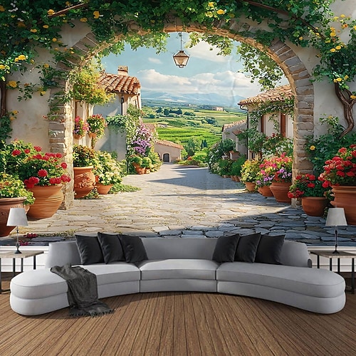 Vintage Schloss Architektur Blumen Blumen Pflanzen Landschaften Wandteppiche Dekorative Kunst Decken Vorhänge hängende Wohnmöbel Schlafzimmer Wohnzimmer Dekorationen Image