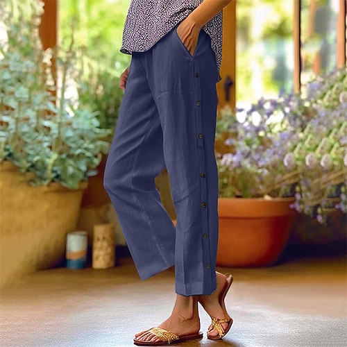 Damen Sommerhose 100% Baumwolle Abgeschnittene Hose Mode Lässig Knöchellang Mittlere Taille Einfach Elastischer Bund Bequem Atmungsaktiv Straße Alltagskleidung Ausgehen Schwarz Weiß Marineblau Grün Image