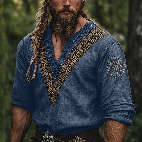 Herren Hemd Leinenhemd Wikinger-Stil Popover-Hemd Sommerhemd Strandbekleidung Geometrisch Urlaub Straße Blau Grün Khaki Langarm V Ausschnitt Sommer Frühling Bekleidung Image