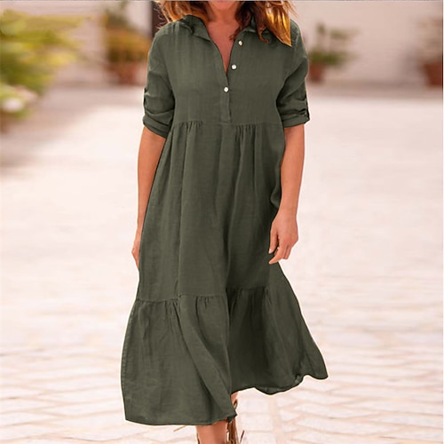 Damen Midikleid Baumwoll-Leinen-Kleider Hemdblusenkleid Freizeitkleid Sommerkleid Mode Modern Outdoor Date Wochenende Normale Passform Einfach Ärmellos Hemdkragen Gelb Wein Armeegrün Sommer Frühling Image