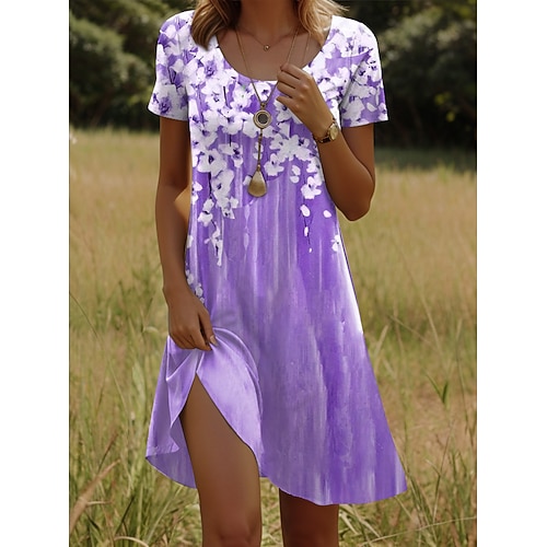 Damen Mini Kleid Freizeitkleid Petite Kleid T-Shirt Kleid Tee Kleid Sommerkleid Lässig Urlaub Lässige Tägliche Regulär Passform Floral Kurzarm Rundhalsausschnitt Pink Grün Sommer Image