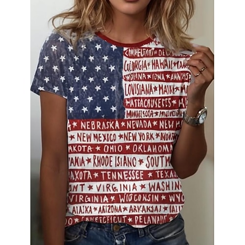 Unabhängigkeitstag patriotisches Shirt Damen T-Shirt Grafik Flagge Vintage stilvoll klassisch Kurzarm Rundhalsausschnitt Rundhalsausschnitt reguläre Oberteile Alltags-Wochenenddruck Schwarz Weiß Rot Image