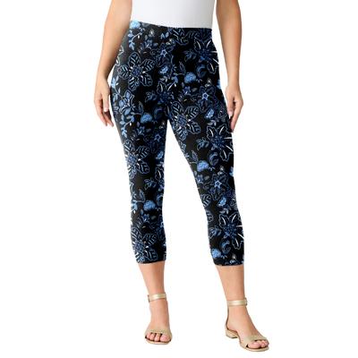 Plus Size Women's Plus Size Essential Stretch Capri Legging by Roaman's in Black Textured Floral (Size 12) Activewear Workout Yoga Pants