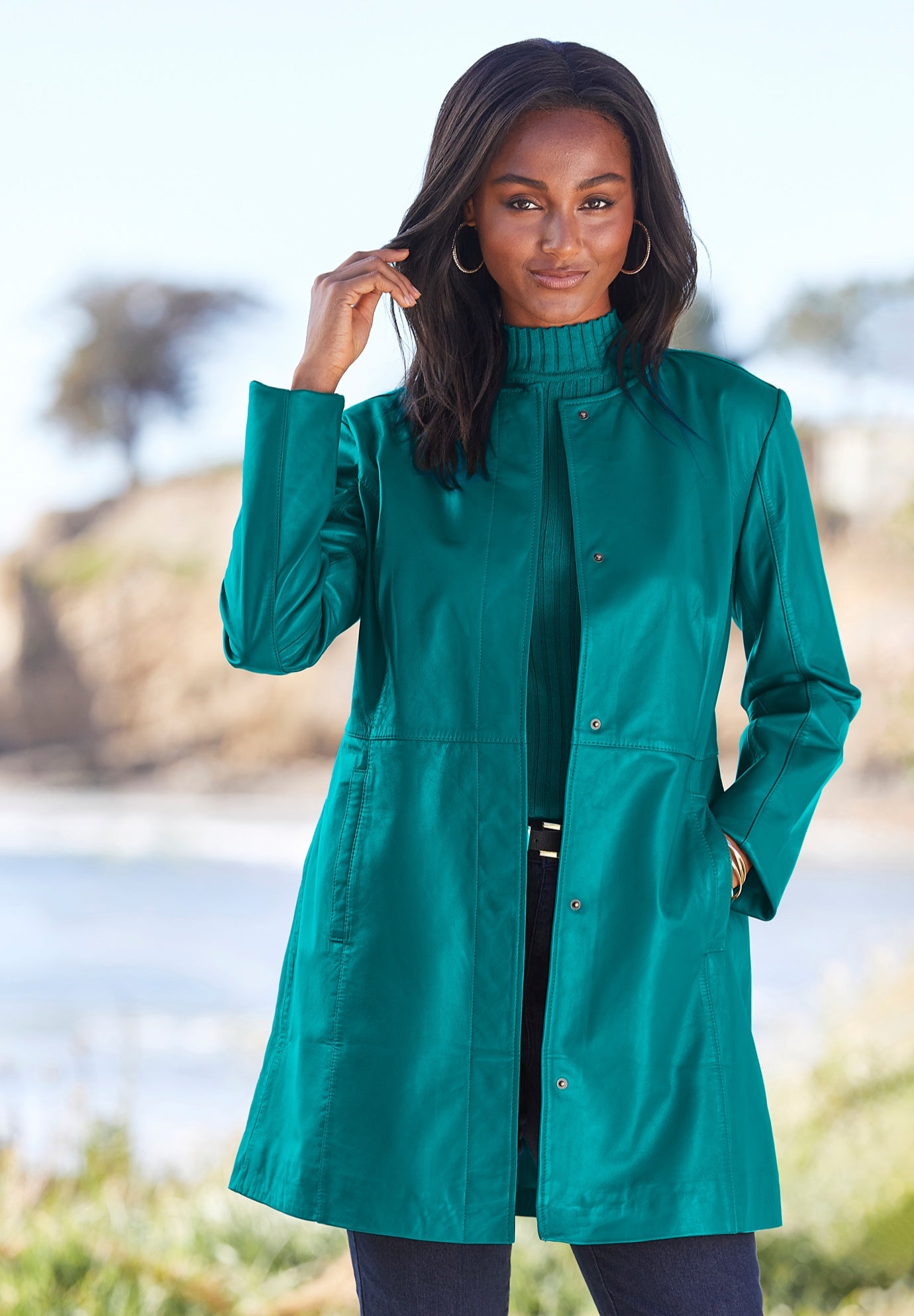 Plus Size Women's Three-Quarter Leather Jacket by Jessica London in Tropical Teal (Size 14 W)