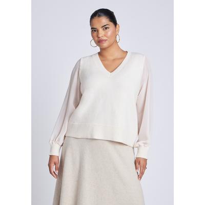 Plus Size Women's Sheer Sleeve V-Neck Sweater by ELOQUII in Black Onyx (Size 18/20)