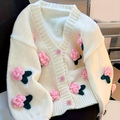 TEMU Women's V-neck Floral Cardigan With 3d Pink Rose Embellishments - Soft Stretchy Open Front Button Sweater, Long Sleeve Regular -season Tops, Cardigan Sweater, Layering Piece, Textured Knitwear Image