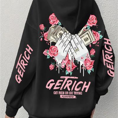 "TEMU Women' Oversized Hoodie With Pink "geierich" Lettering & Money Rose Graphic Print - Casual Streetwear Pullover Sweatshirt, Machine Washable, Casual Attire, Graphic Design, Comfortable Clothing" Image