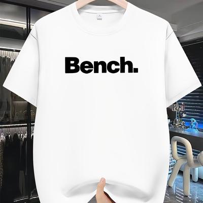 "TEMU Men's Summer 2025 Casual T-shirt With Geometric Lettering, Fashionable Streetwear Style, Crew Neck, Stretch Fabric, Regular Fit - "bench" Design" Image