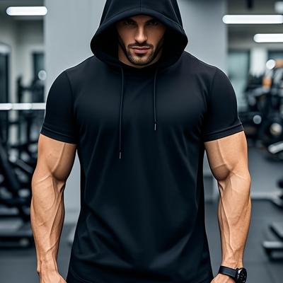 TEMU 1pc Men's Hooded Athletic T-shirt - Lightweight Breathable Fabric, Regular Fit Casual Sportswear For Gym & Casual Attire, Solid , Workout | Clean | Image