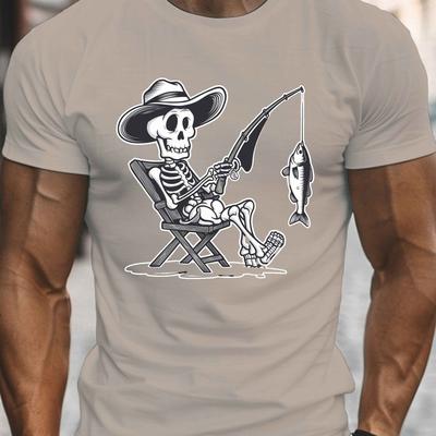 TEMU 1pc Men's Casual Crew Neck T-shirt With Cartoon Skeleton Fishing Print, 100% Polyester Knit Fabric, Stretch, Regular Fit, Geometric Pattern, Lightweight Summer Top Image