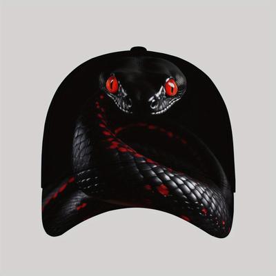 TEMU Men's Punk Rock Baseball Cap - Lightweight Adjustable Sun Hat With Red Snake Graphic, For Beach, Fishing, Outdoor Activities & Vacation, Stylish Headgear Image