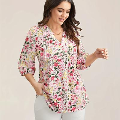TEMU Women's Casual Floral Print Chiffon Blouse - V-neck, Loose Fit, Long Sleeve, Lightweight Fabric, , Elegant With Vibrant Pink, Red, And Green Flowers Image