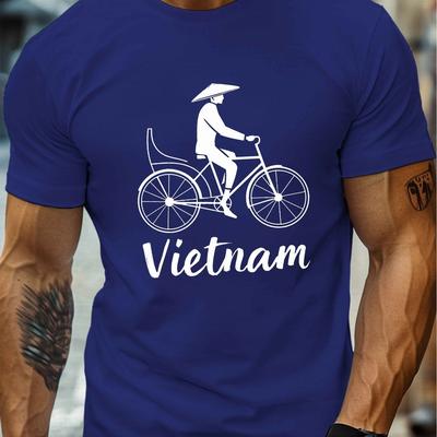 TEMU 1pc Men's Casual Crew Neck T-shirt With Vietnamese Illustration - 100% Polyester Knit Fabric, Stretch, Regular Fit, Summer Geometric-pattern Top Image