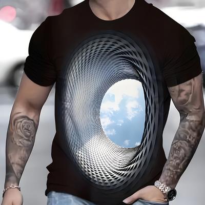 TEMU Men's 3d Vortex Graphic T-shirt - Breathable Black Short Sleeve Tee With , Casual Summer Wear For Casual Attir Image