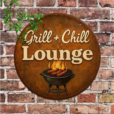 "TEMU 1pc Vintage ""grill + Lounge"" Metal Sign, 8""x8"", Rustic Aluminum Wall Decor For Bbq Area, Home, Kitchen, Cafe, Office, Bar - Multipurpose Indoor/outdoor Hanging Art, Barbecue Deco"