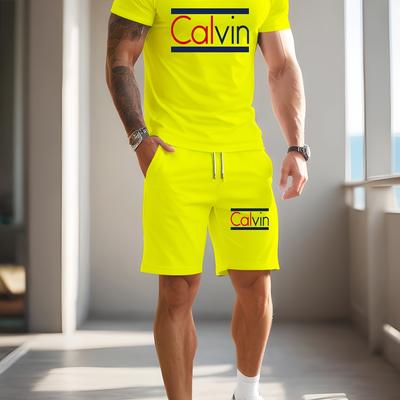 TEMU 3d Print Graphic T-shirt & Shorts Set - Vibrant Yellow Athletic Outfit With & , Breathable Summer Casual Wear For Men, Attire, Design, Image