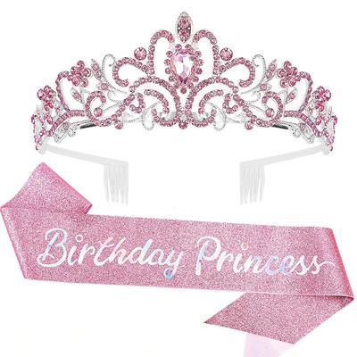 TEMU Bling Rhinestone Tiara Birthday Princess Sash And Crown For Women Birthday Princess Party Decorations Accessories Image
