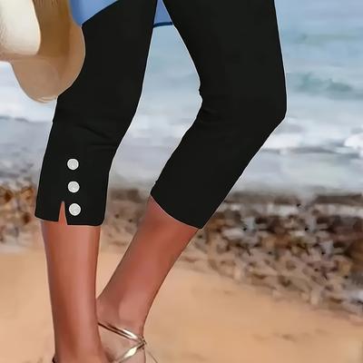 TEMU Women's Slim-fit Mid-calf Capri Pants - Stretch With Button Accents, Solid Black Casual Trousers For Casual Attire & Beach , Beach Pants, Smooth Texture Fabric Image