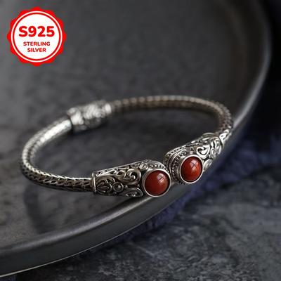 TEMU 925 Hypoallergenic Vintage Fashion Distressed Bracelet Carved Heavy Metal Bangle Valentine's Day Day Gift For Women Anti-oxidation Storage Box Suitable For All Image