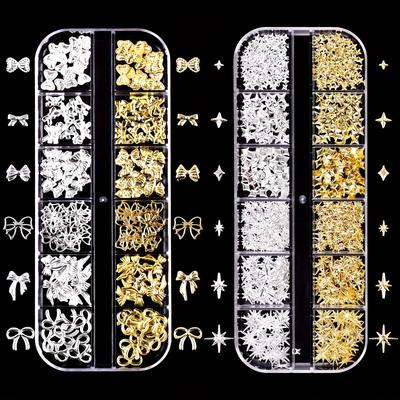 TEMU 2 Boxes Of 12-grid Box Nail Art Decorations Including Golden And Silvery Bow, Star, , Etc. Diy Nail Rivet Set Image
